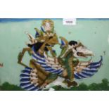 Indian reverse painted picture on glass, figure riding an exotic bird, 30cms x 37cms, framed