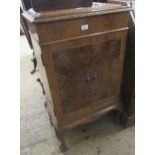 Mid 20th Century figured walnut side cabinet, the carved moulded top above a pair of panel doors