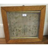 Early Victorian needlework sampler, signed Emily Nicholas, dated 1839 (damages), in a birdseye maple