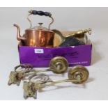 Pair of Art Nouveau brass candle brackets, copper kettle and a small quantity of other miscellaneous