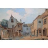 19th Century Continental school, watercolour, figures in the courtyard of a chateau, indistinctly