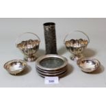 Pair of miniature silver bon bon dishes with swing handles, Burmese silver cylindrical spill holder,
