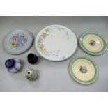 Large Poole pottery charger, Atlantis ware by Susan Dipple and four other pieces of Poole pottery,