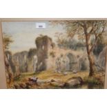 19th Century English school, watercolour, figures and sheep before a ruined abbey, 31cms x 43cms,