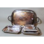 Two-handled rectangular engraved silver plated on copper tray and three rectangular silver plated on