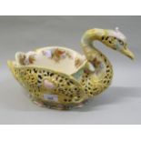 Zsolnay pottery vase in the form of a swan with floral and reticulated decoration, 36cms wide x