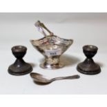 Small Birmingham silver sugar basket with swing handle, together with a silver caddy spoon and a