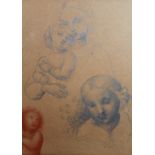 Antique pencil and red chalk drawing, various portrait studies on one sheet, 18cms x 14cms Good