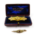 15ct Gold bar brooch set sapphire and two diamonds, 4.7g together with a 9ct gold bar brooch set