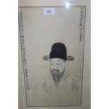 Chinese head and shoulder watercolour of a bearded man wearing a hat, bearing text to either side,