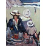 Two unframed oils, figures picnicing on a beach and female figure study, largest 30cm x 24cm