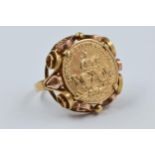 14ct Gold ring with 14ct coin inset, 6g, size 'K'