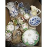 Box containing a collection of mixed porcelain including blue and white jug, plates, Staffordshire