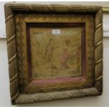 Miniature machine woven tapestry picture of two figures in a garden, in a gilt rope twist floral