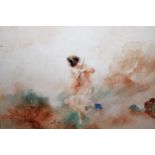 Watercolour study of a girl in a stylised landscape, indistinctly signed, possibly Robinson or
