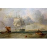 B.M. Drummond signed, early 19th Century oil on panel, maritime scene with three masted gun ship and