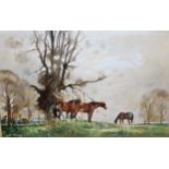 Unframed watercolour and body colour, horses in a landscape, signed Ward Binks, 26cms x 40cms