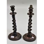 Pair of oak barley twist candlesticks, together with two work boxes