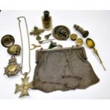 Silver sovereign case (at fault), miniature perfume bottle, evening purse and a quantity of other