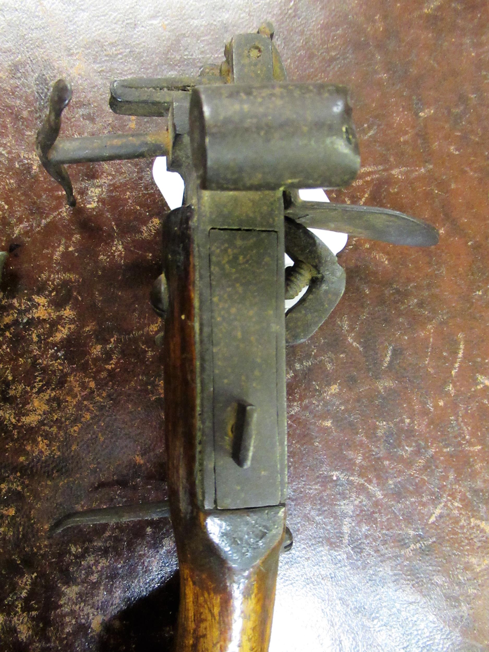 Early 19th Century percussion cap pistol, the barrel with single touch mark in a walnut grip, - Image 7 of 12