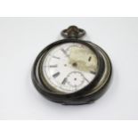 Silver cased pocket watch, the enamel dial with Roman numerals, two subsidiary dials and opposing