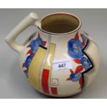 Unusual Clarice Cliff 634 pattern jug painted in Art Deco style with flowers, 18cms high