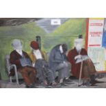 Modern British school gouache painting, study of gentlemen resting on a bench, signed Ford, 33cms