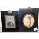 Watercolour, profile portrait miniature of a lady, framed together with a framed Victorian
