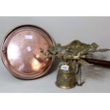 Antique style brass wall mounting bell with chain, together with a 19th Century copper warming pan