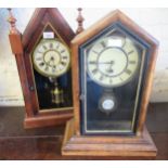American mahogany cased Gothic design two train mantel clock, 53cms high together with a similar