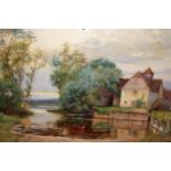 Walter Folley Bishop, large watercolour, river scene with mill and punt in a swept gilt frame,