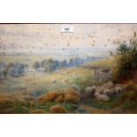 H.G Stormont, early 20th Century watercolour, sheep on a hillside with distant valley, in an oak and
