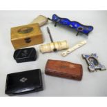 Antique bone handled corkscrew, bone bodkin, Mauchline ware box, four snuff boxes, micro mosaic