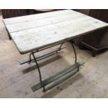 19th Century pine and wrought iron folding garden table with integral footrests, 100cms x 66cms