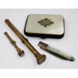 19th Century gilt and citrine inset propelling pen / pencil, another similar smaller, miniature