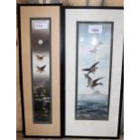 Two 20th Century Japanese watercolours on paper of birds in flight, bearing character marks, framed,