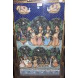 Indian watercolour painting on silk, processional figures in a landscape, 82cms x 51cms