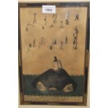 Pair of Chinese hand coloured pictures on linen of figures bearing character marks, framed, 33cms