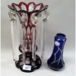 19th Century clear and red overlay lustre with a blue, silver overlaid vase