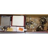 Two boxes containing a quantity of various cased and loose silver plated flatware and other silver