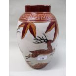 Keralove baluster form vase, decorated with figures of antelope on a red, orange and white ground,