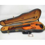 12.5in Student violin bearing labels with a bow, in an American case by Lifton