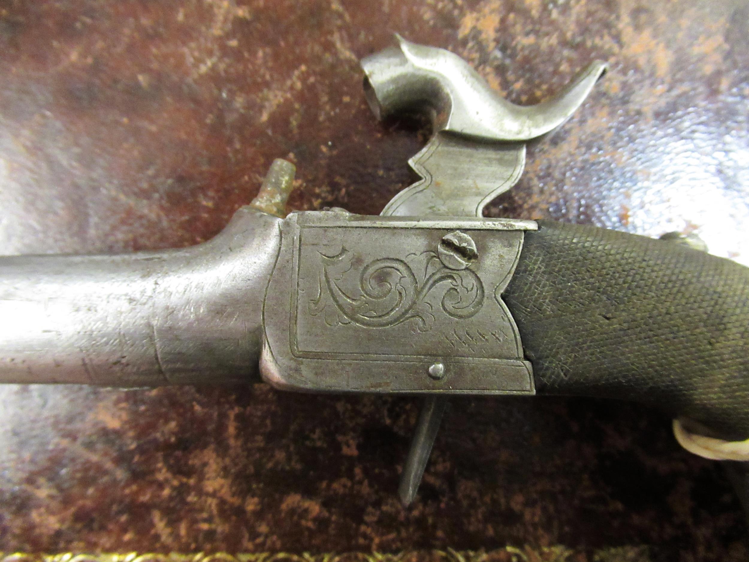 Early 19th Century percussion cap pistol, the barrel with single touch mark in a walnut grip, - Image 4 of 12