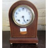 Edwardian mahogany and inlaid dome top mantel clock, the circular painted dial with Arabic