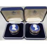 Pair of Wedgwood Limited Edition silver and blue Jasperware pill boxes depicting Her Majesty the