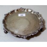 Small Sheffield silver letter salver, with scalloped cast rim on low supports, 13oz t