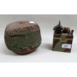 Small unusual 20th Century Studio pottery stoneware box and cover, the lid decorated with a bird,