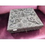 19th Century Chinese hardwood square box, all-over carved with dragons and other motifs, 38cms
