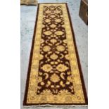 Afghan Ziegler design runner with an all-over palmette design in shades of beige, rust and gold,