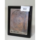 Rectangular 830 white metal plaque depicting George and the Dragon In good condition. 14cms high x